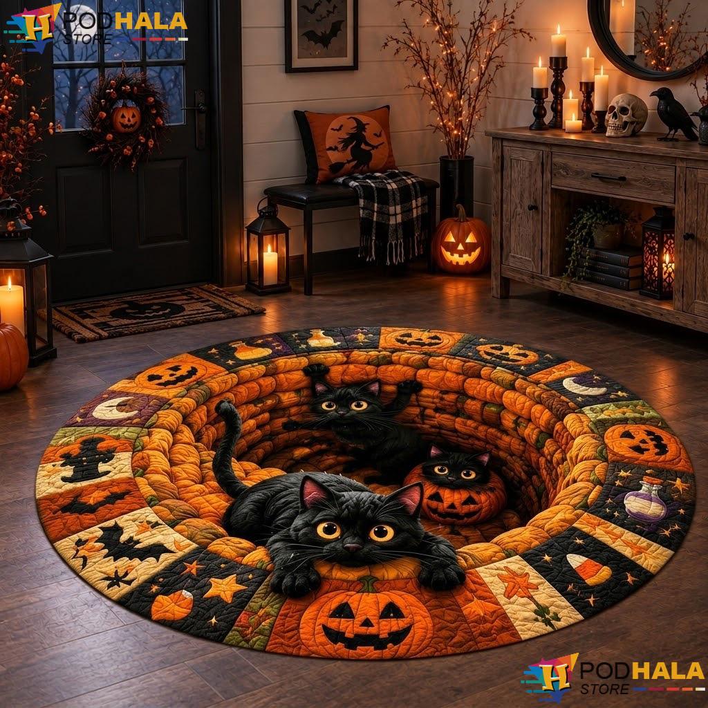 Black Cat Pumpkin Halloween Round Area Rug 3D Illusion Quilted Hole Mat