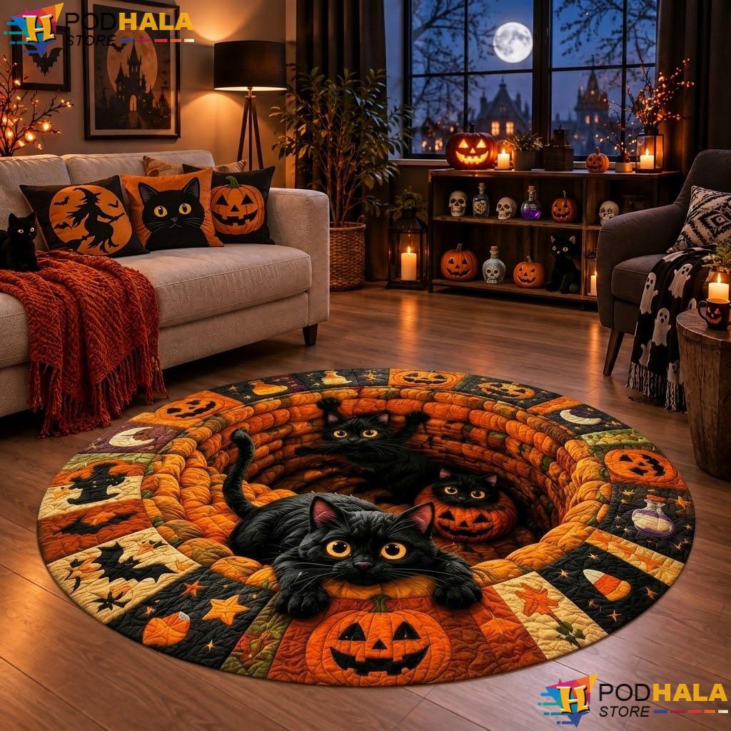 Black Cat Pumpkin Halloween Round Area Rug 3D Illusion Quilted Hole Mat - View 1 Black Cat Pumpkin Halloween Round Area Rug 3D Illusion Quilted Hole Mat - View 1