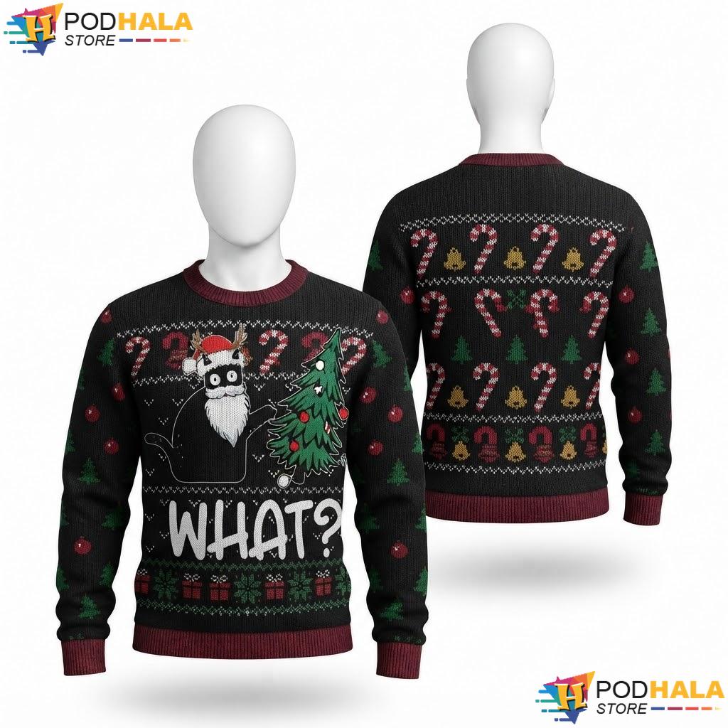 Black Cat Pushing Xmas Tree Ugly Christmas Sweater Funny Holiday