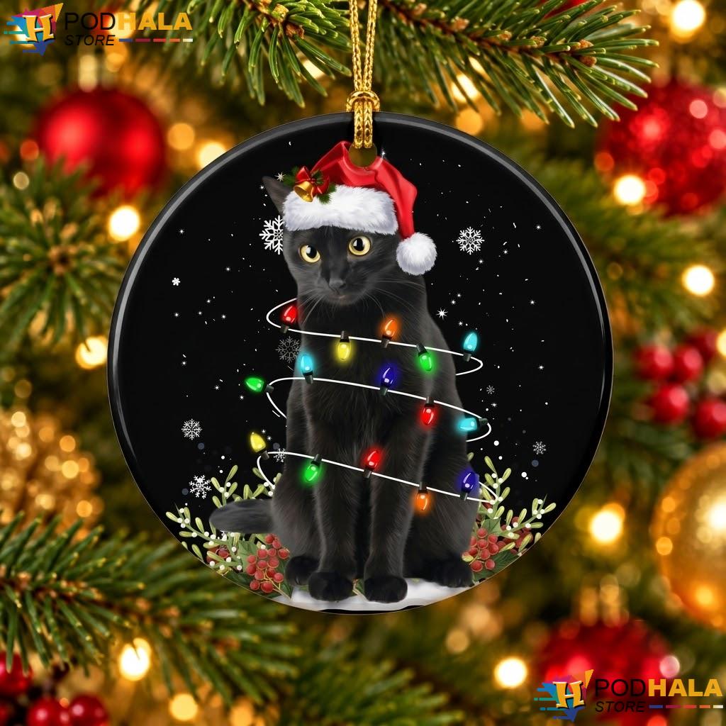 Black Cat Santa Hat Christmas Ornament Funny Meowy Holiday Decor Gift