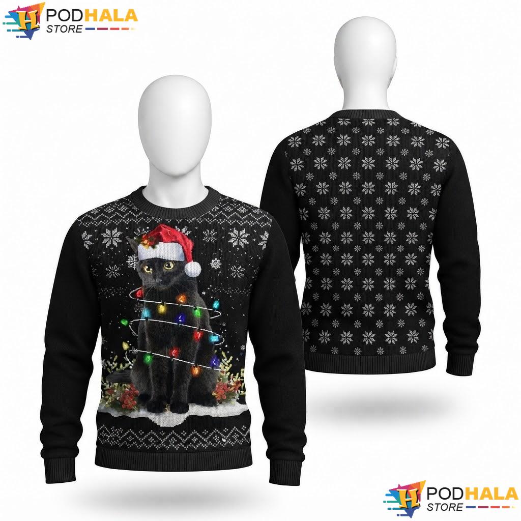 Black Cat Santa Hat Christmas Sweater Funny Meowy Womens Mens Top