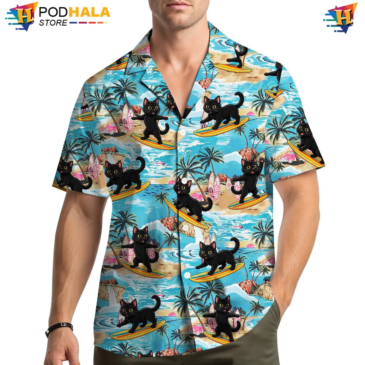 Black Cat Surf Fire Aloha Shirt Mens Weekend Holiday Vacation Apparel Outfit