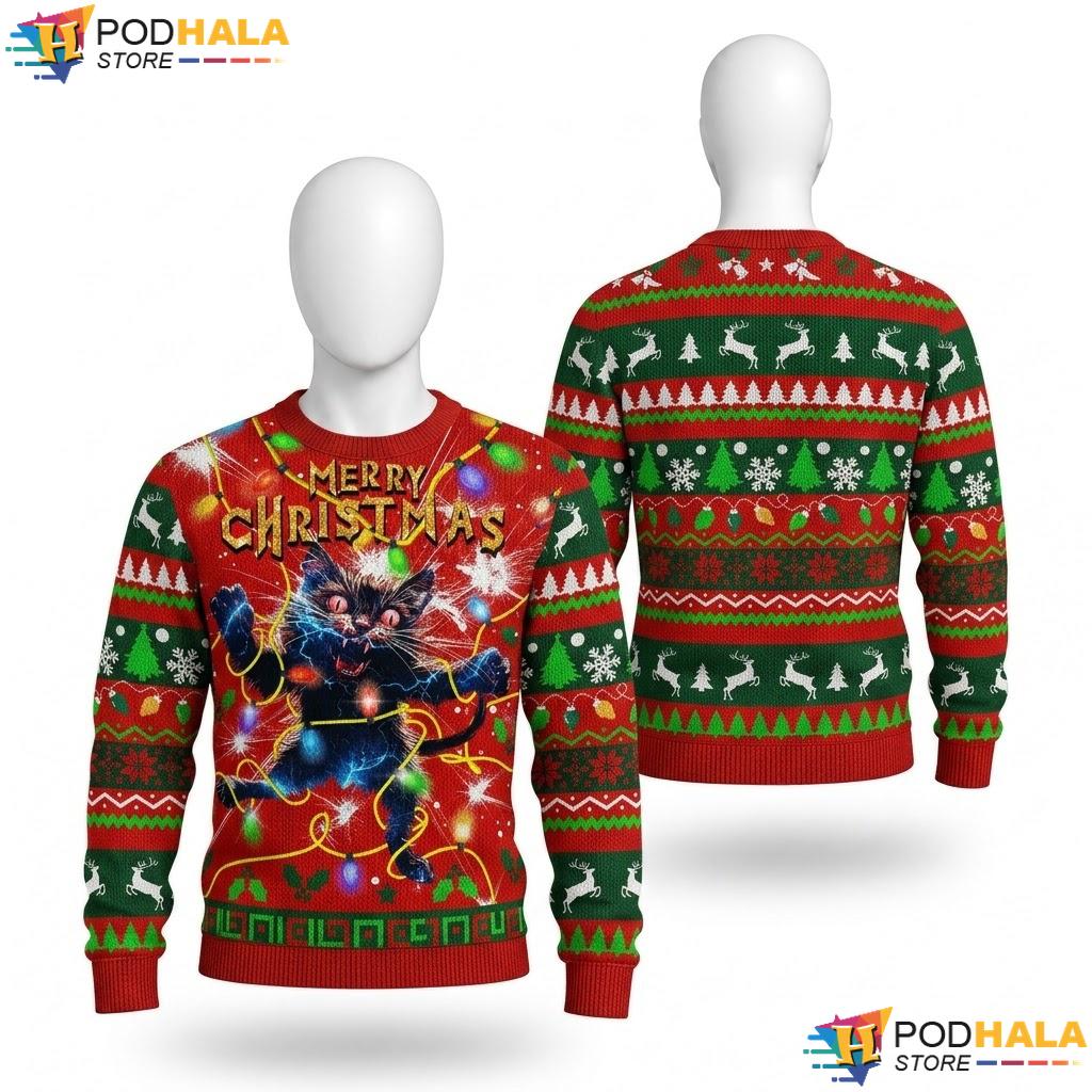 Black Cat Ugly Christmas Sweater Cute Festive Holiday Lights Apparel Top