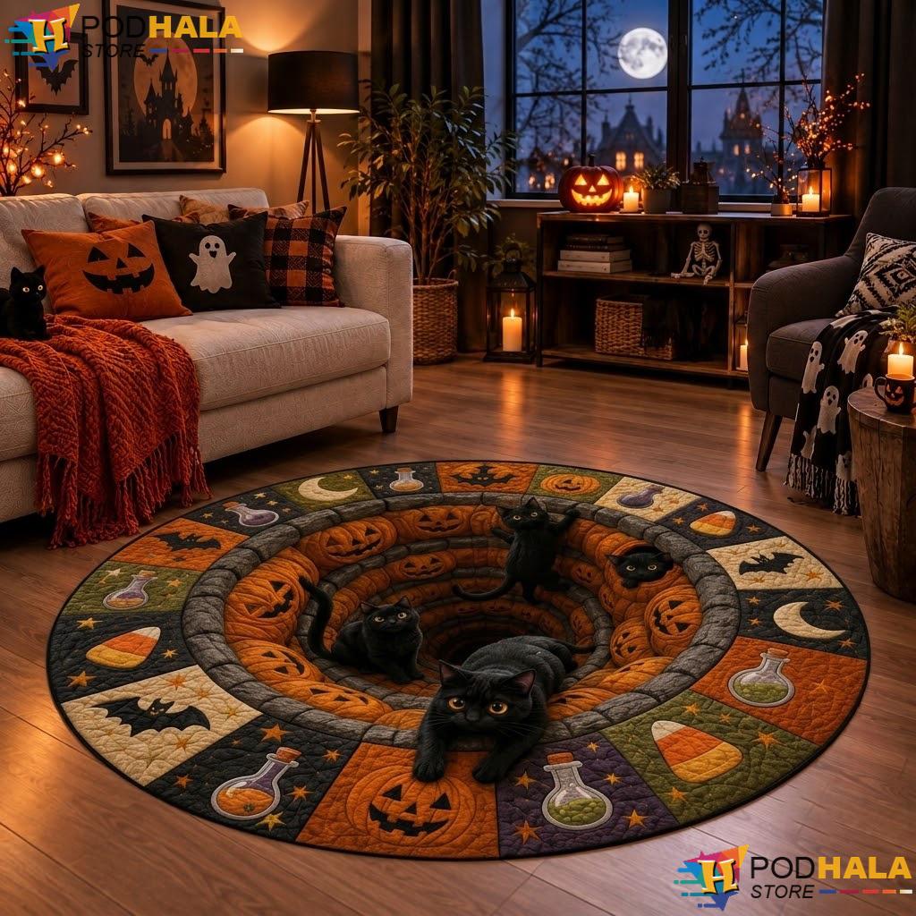 Black Cat Vortex Halloween Round Area Rug 3D Spooky Quilted Illusion