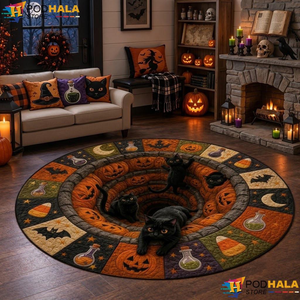 Black Cat Vortex Halloween Round Area Rug 3D Spooky Quilted Illusion - View 1 Black Cat Vortex Halloween Round Area Rug 3D Spooky Quilted Illusion - View 1