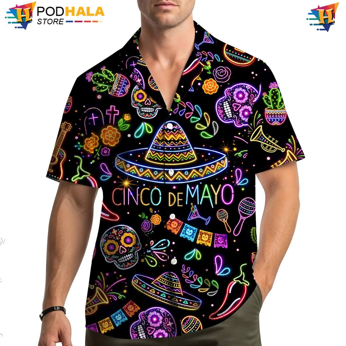 Black Cinco De Mayo Aloha Shirt Mens Short Sleeve Casual Summer Beachwear
