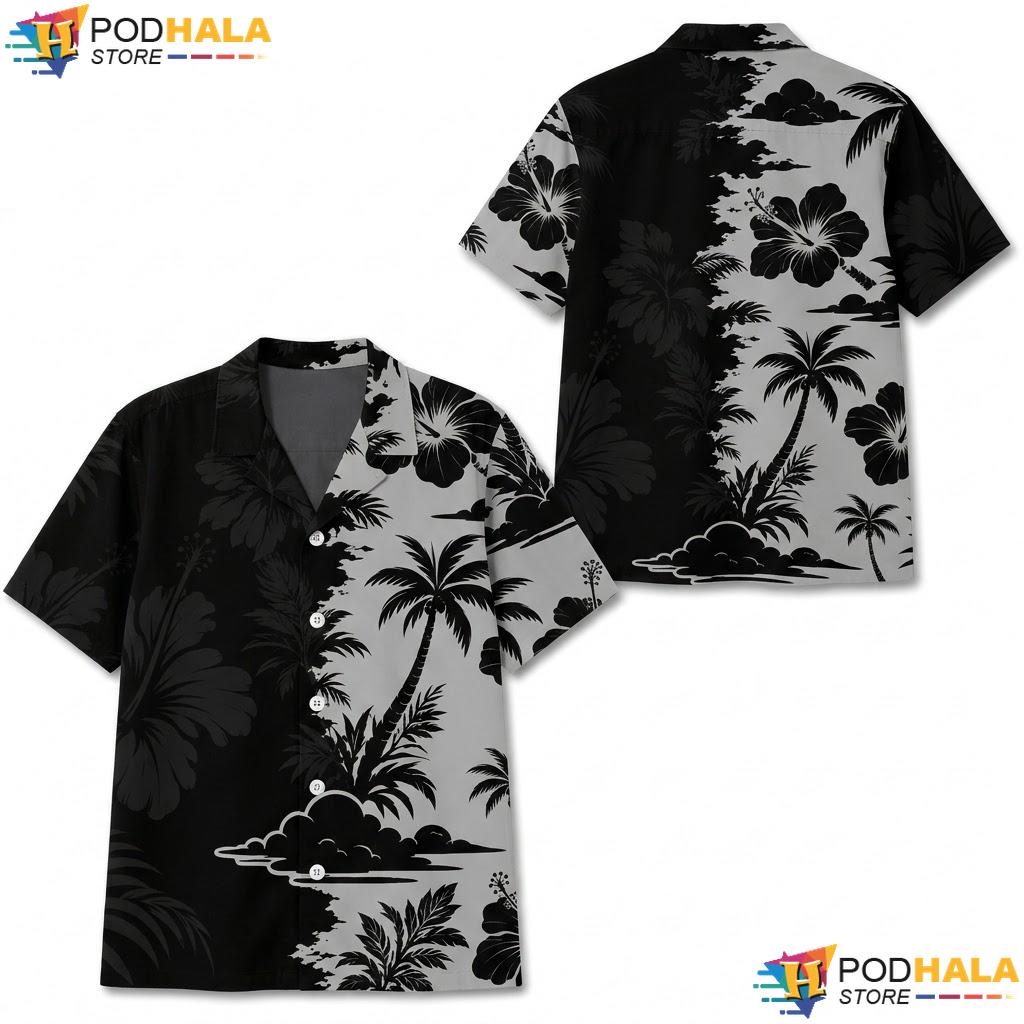 Black Dark Grey Palm Tree Hawaiian Shirt Tropical Casual Summer Top