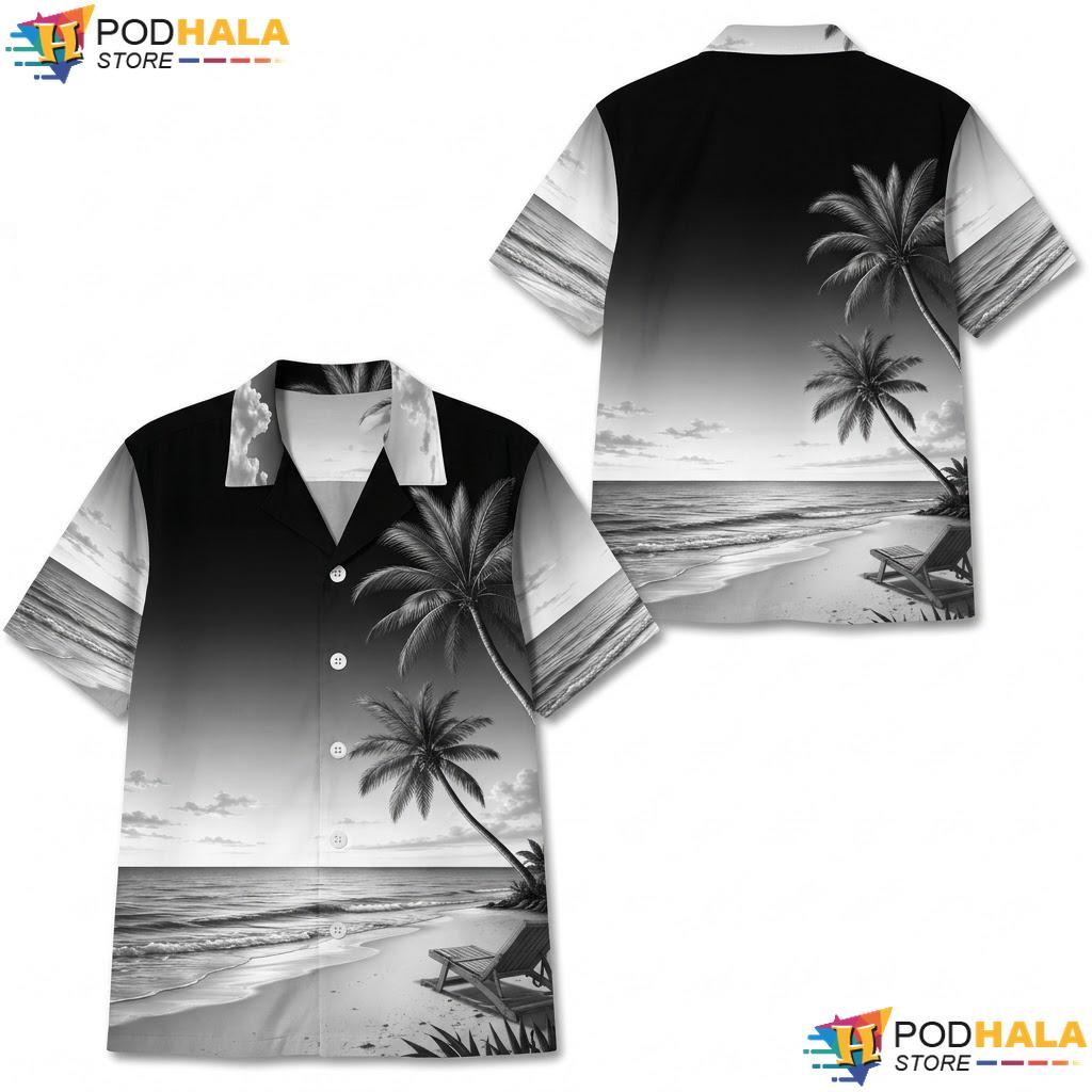 Black Gray Palm Tree Hawaiian Shirt Gradient Beach Graphic Summer Top