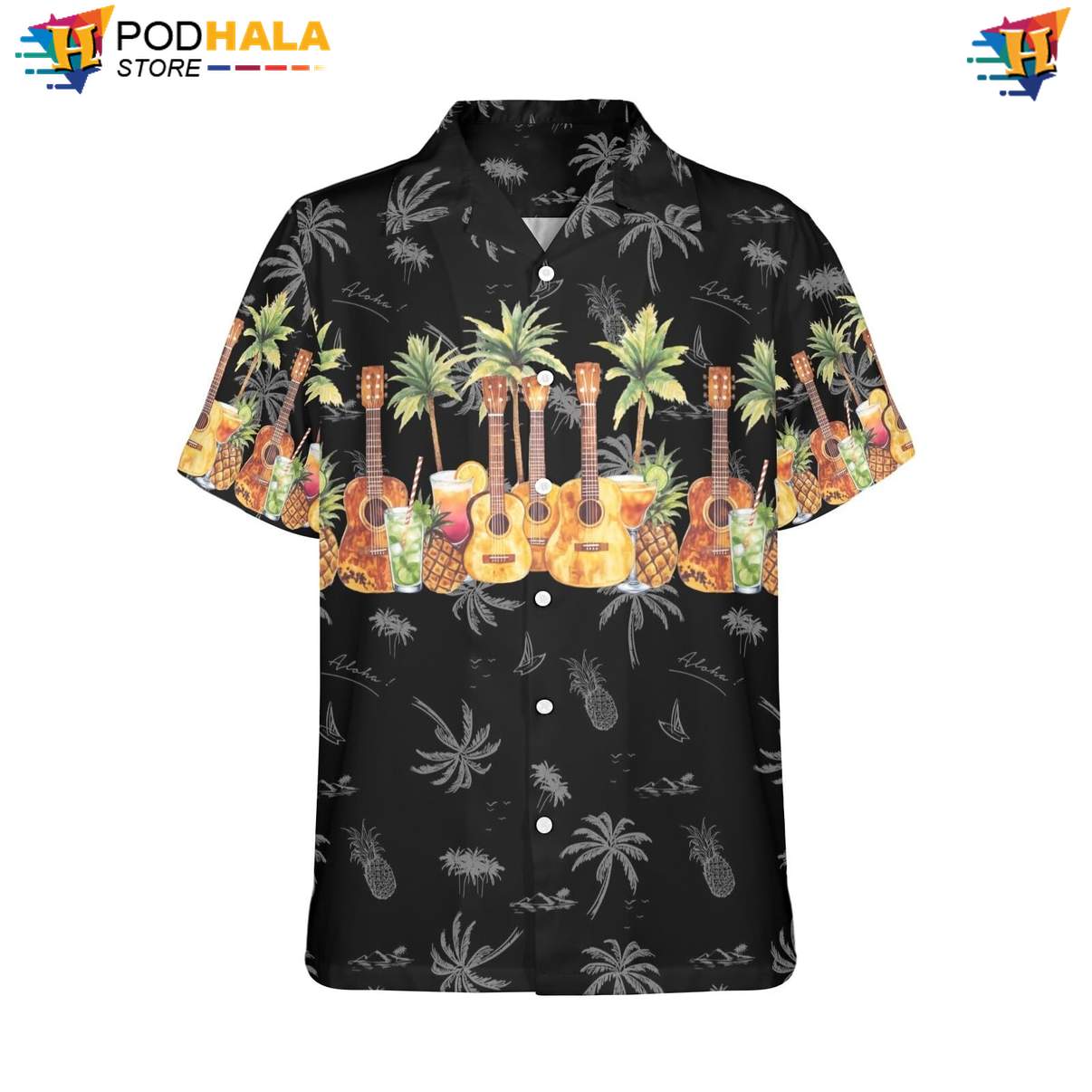 Black Guitar Cocktails Aloha Shirt Mens Funny Summer Party Beach Outfit