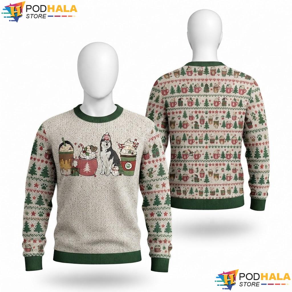 Black Huskies Coffee Latte Christmas Sweater Dog Lover Mom Holiday