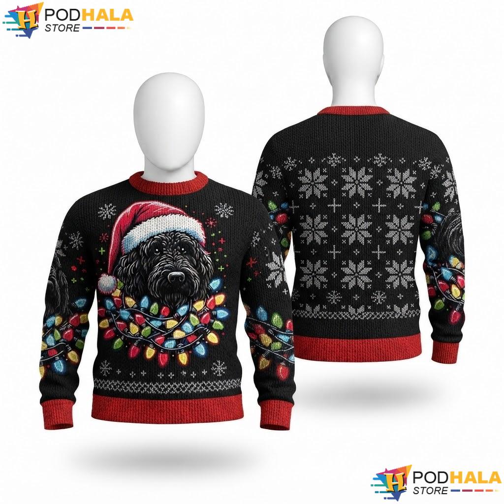 Black Labradoodle Lights Santa Hat Christmas Sweater Dog Lovers Top