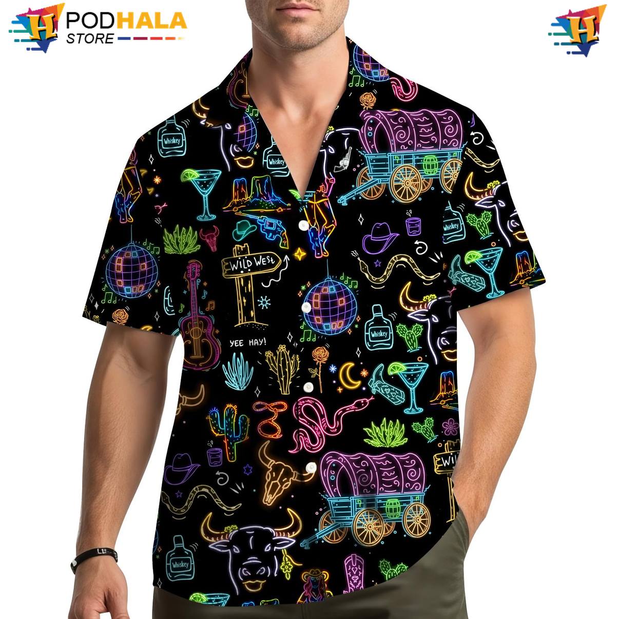Black Neon Aloha Shirt Mens Short Sleeve Button Down Casual Beach Outfit