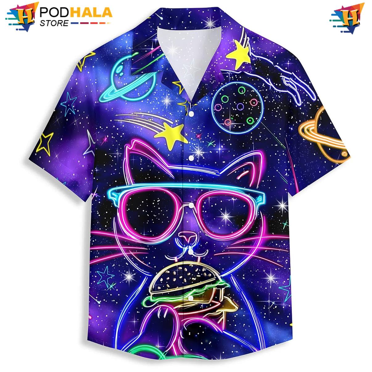 Black Neon Cat Aloha Shirt Mens Tropical Island Vibe Resort Button Down Top