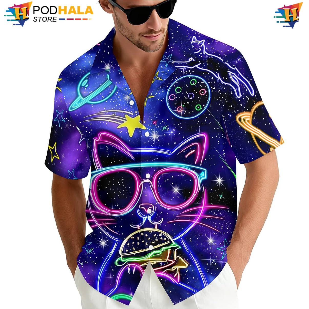 Black Neon Cat Tropical Shirt Mens Tropical Island Vibe Resort Button Down Top Black Neon Cat Tropical Shirt Mens Tropical Island Vibe Resort Button Down Top