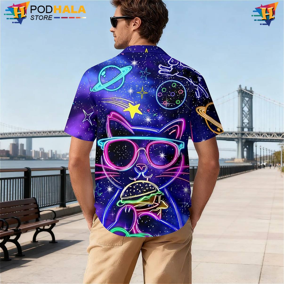 Black Neon Cat Tropical Shirt Mens Tropical Island Vibe Resort Button Down Top Black Neon Cat Tropical Shirt Mens Tropical Island Vibe Resort Button Down Top
