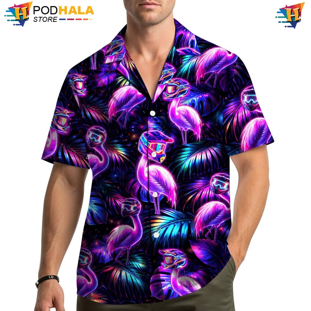 Black Neon Flamingo Aloha Shirt Mens Short Sleeve Casual Summer Beach Top