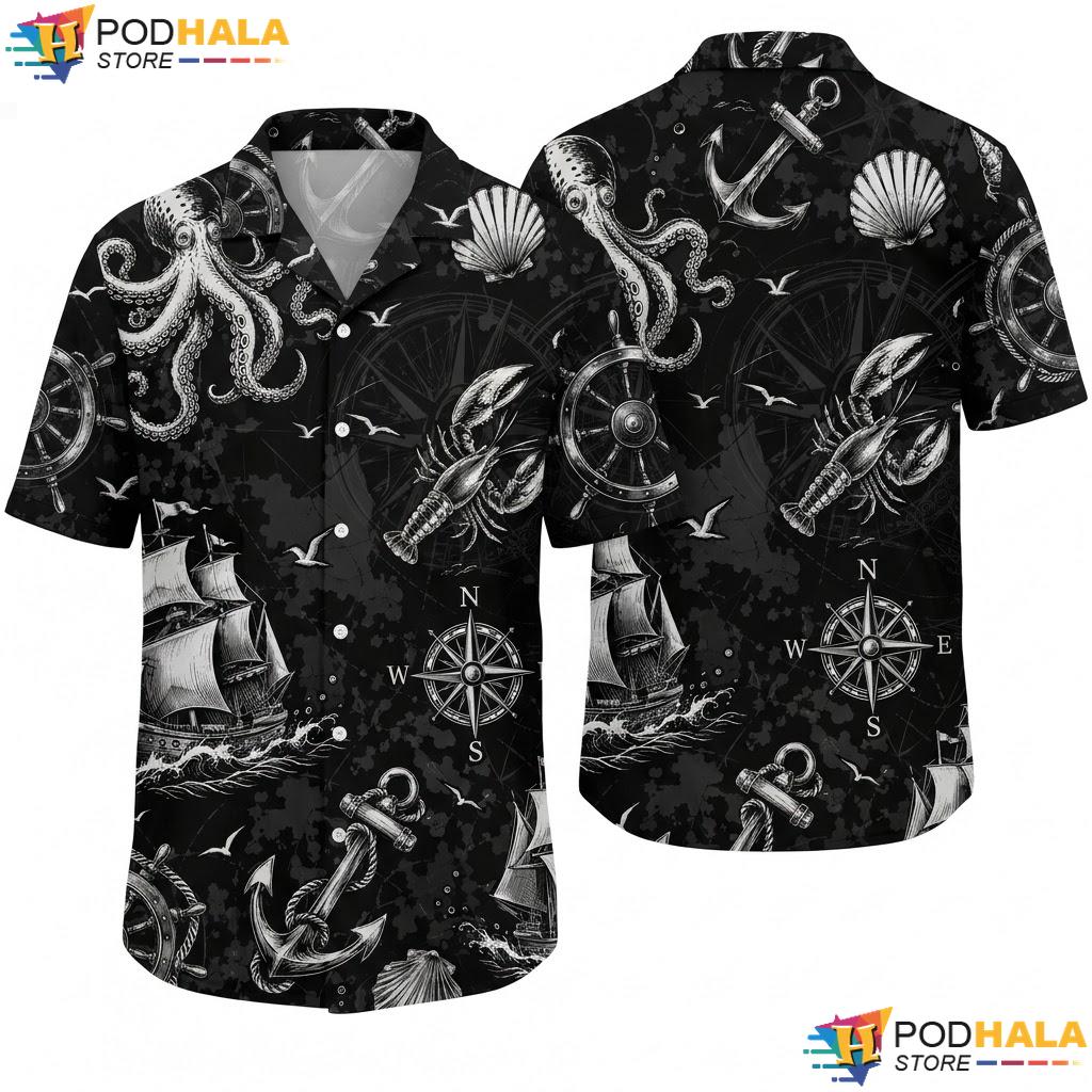 Black Ocean Design Hawaiian Shirt Nautical Marine Lover Summer Apparel