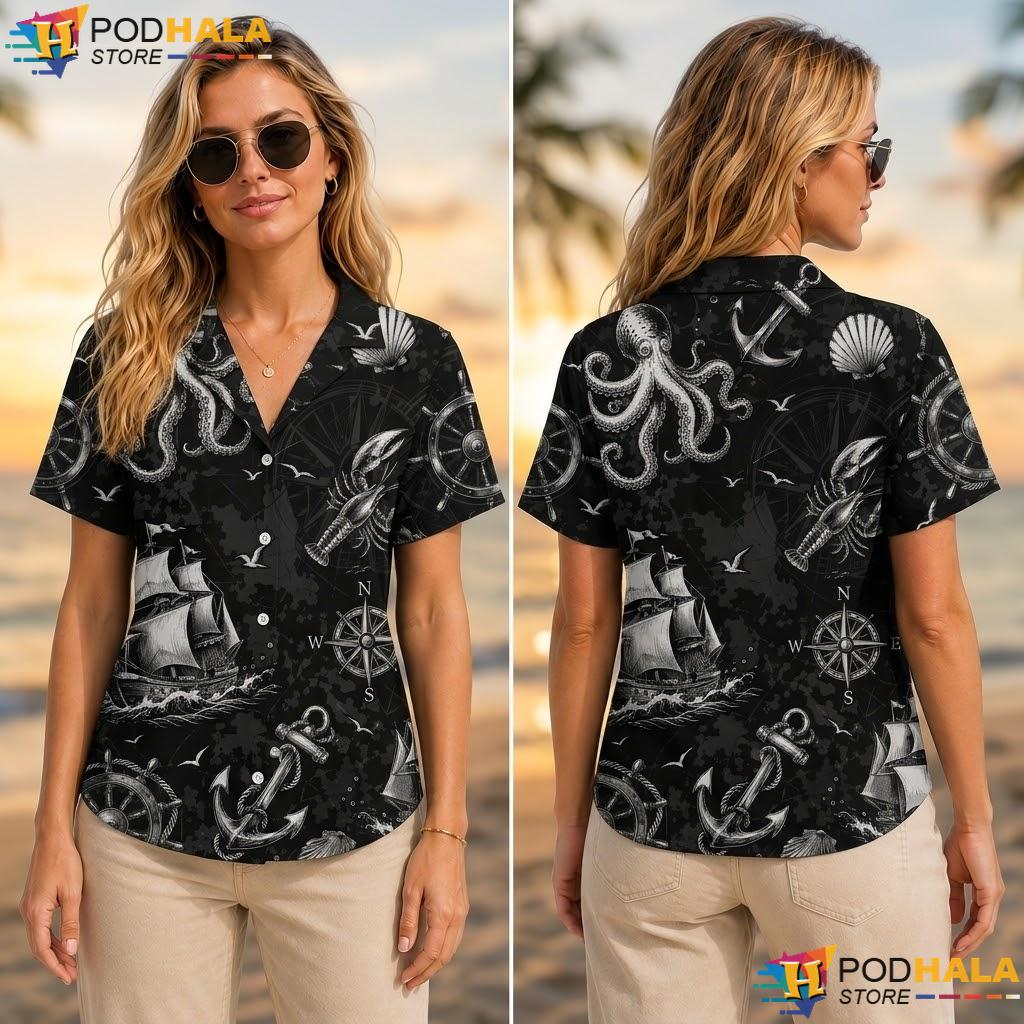 Black Ocean Design Aloha Shirt Nautical Marine Lover Summer Apparel Black Ocean Design Aloha Shirt Nautical Marine Lover Summer Apparel
