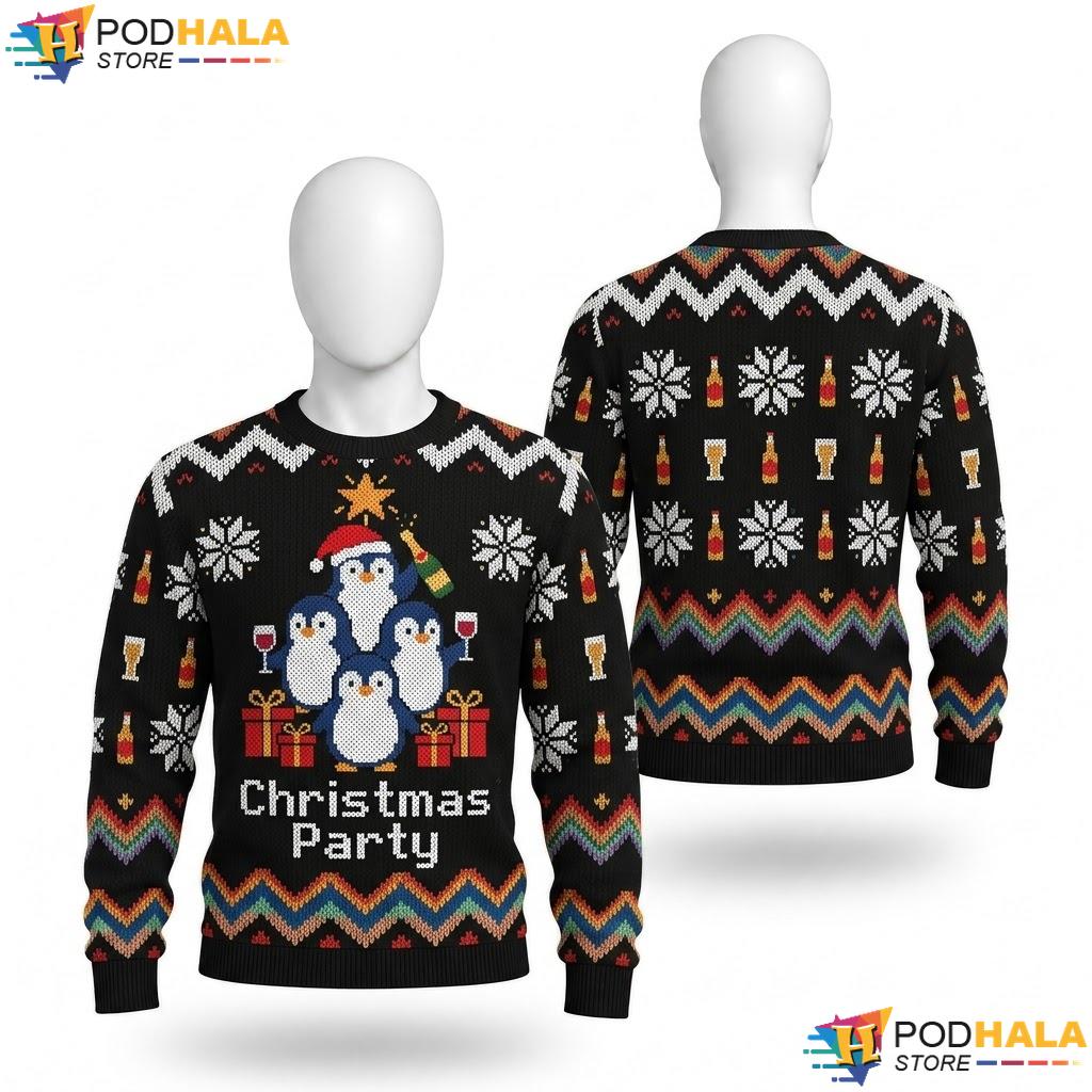 Black Penguin Party Snowman Sweater Christmas Holiday Festive Pullover