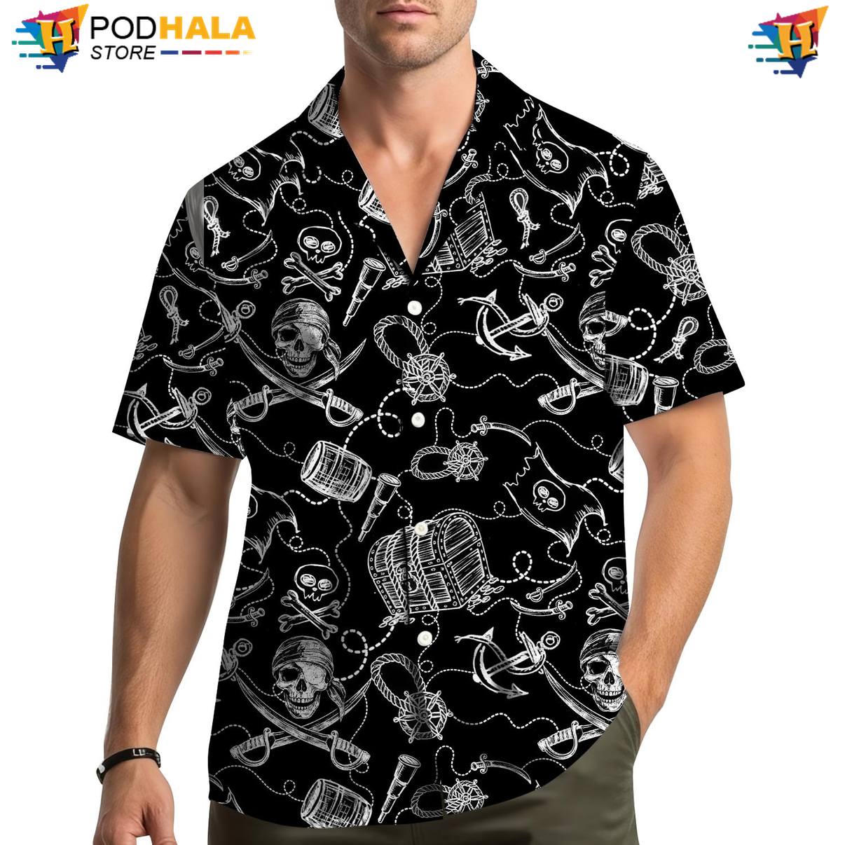 Black Pirates Hawaiian Shirt Mens Short Sleeve Button Down Beach Outfit