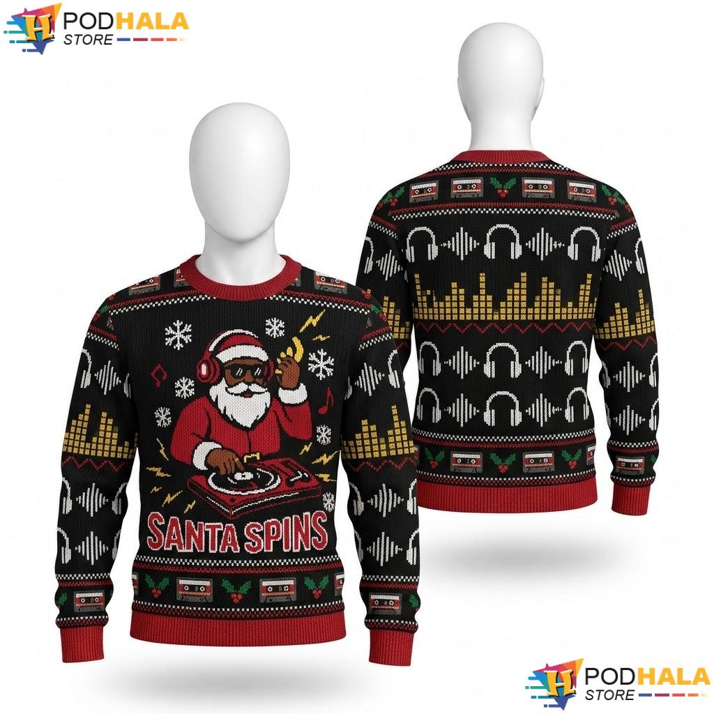 Black Santa DJ Ugly Christmas Sweater Funny Holiday Party Pullover Top