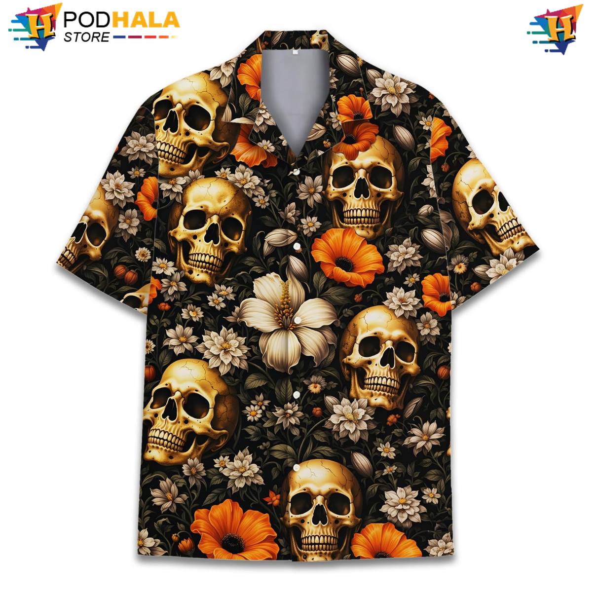 Black Skull Aloha Shirt Mens Short Sleeve Casual Summer Beachwear Outfit
