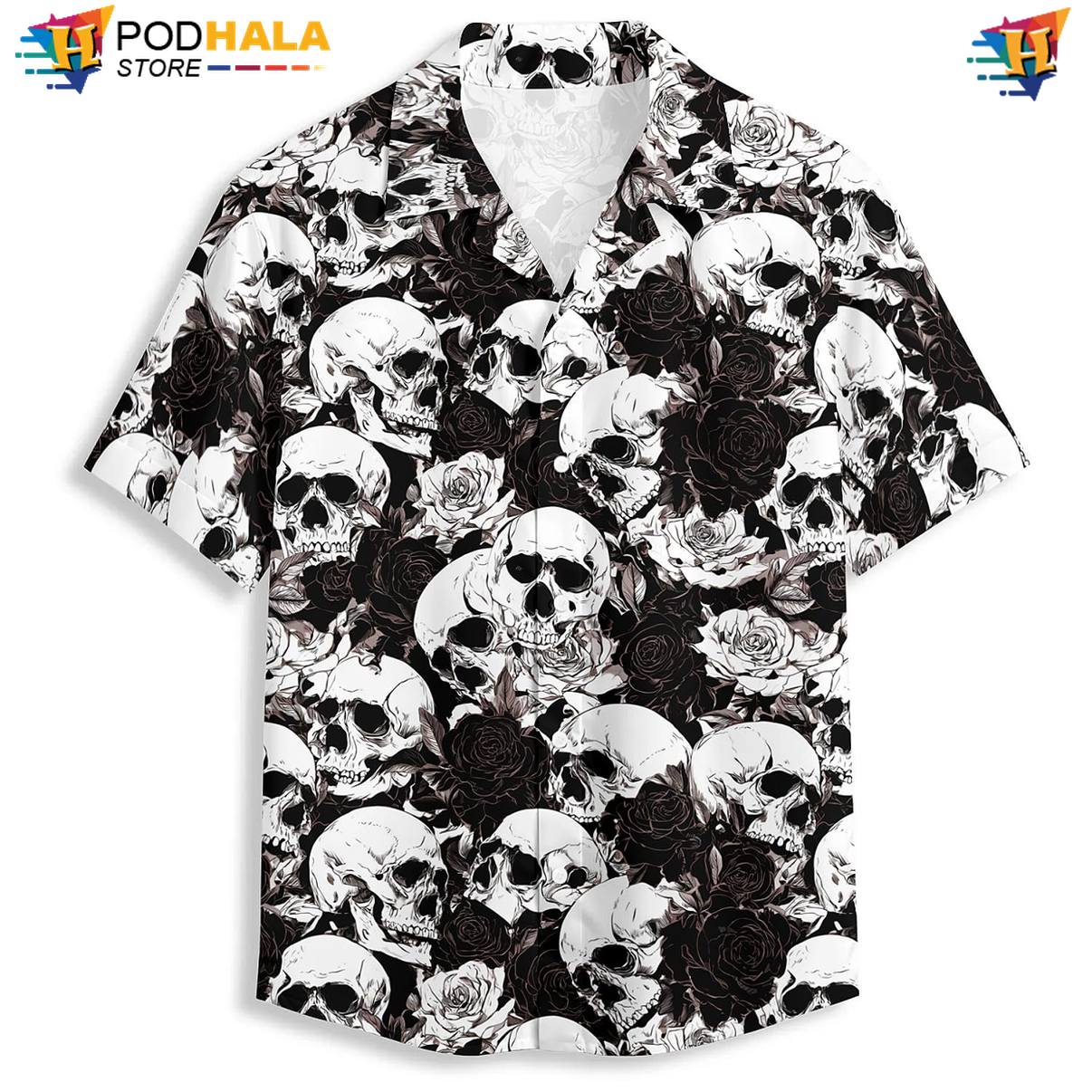 Black Skull Roses Aloha Shirt Mens Weekend Resort Top Tropical Holiday Gear