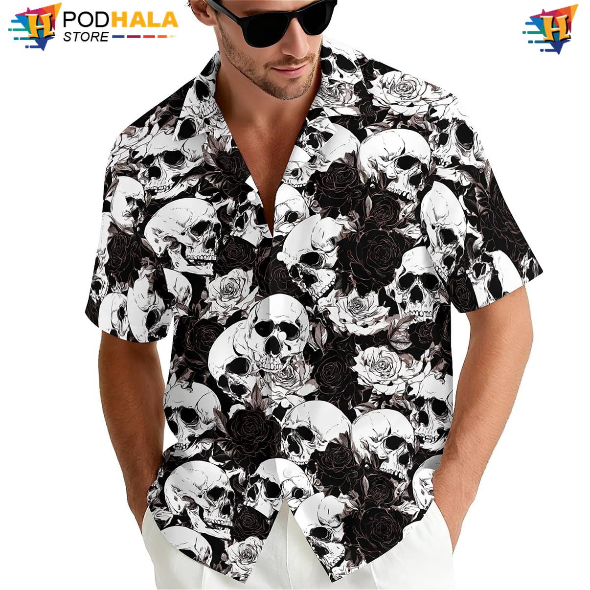 Black Skull Roses Tropical Shirt Mens Weekend Resort Top Tropical Holiday Gear Black Skull Roses Tropical Shirt Mens Weekend Resort Top Tropical Holiday Gear