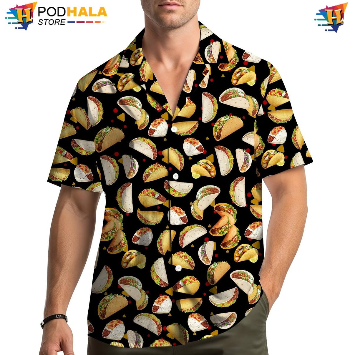 Black Taco Hawaiian Shirt Mens Short Sleeve Button Down Summer Beachwear