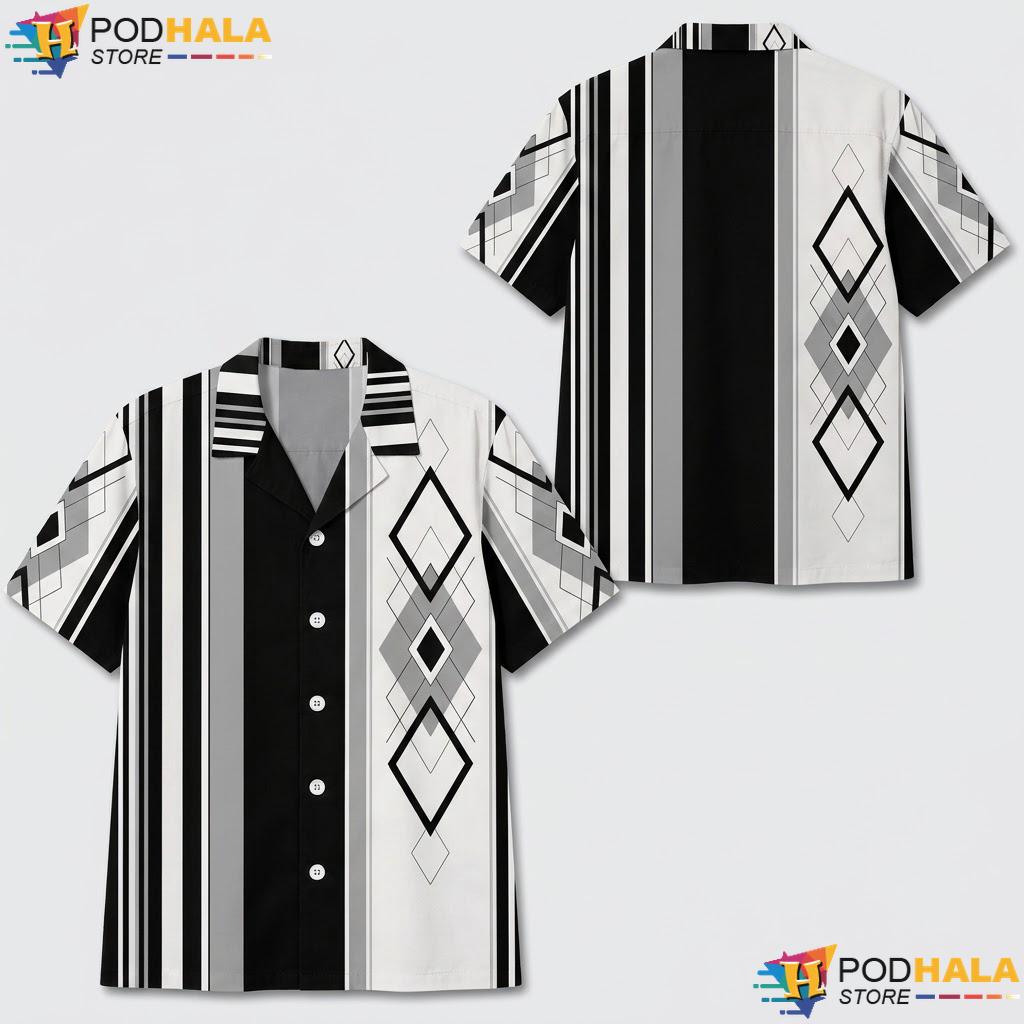 Black White Striped Rhombus Hawaiian Shirt Geometric Mens Summer Top