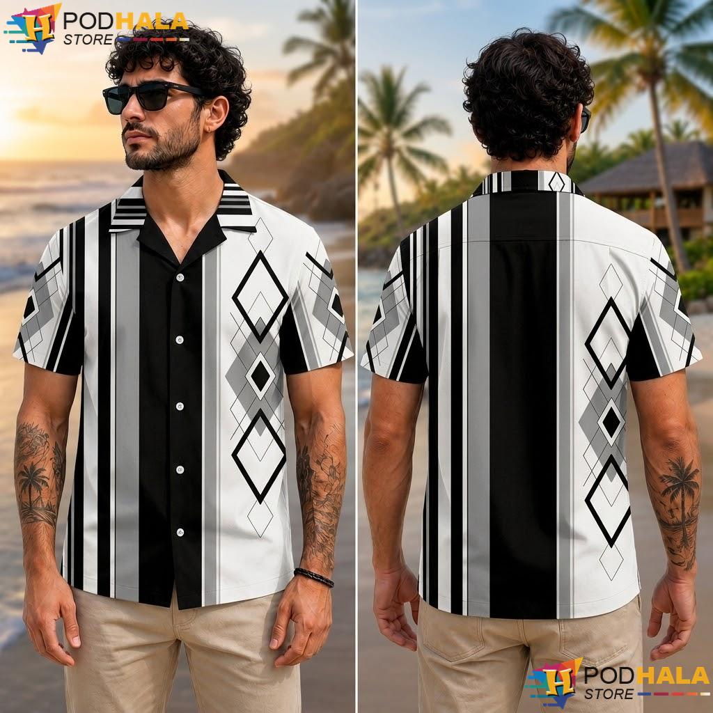 Black White Striped Rhombus Aloha Shirt Geometric Mens Summer Top Black White Striped Rhombus Aloha Shirt Geometric Mens Summer Top