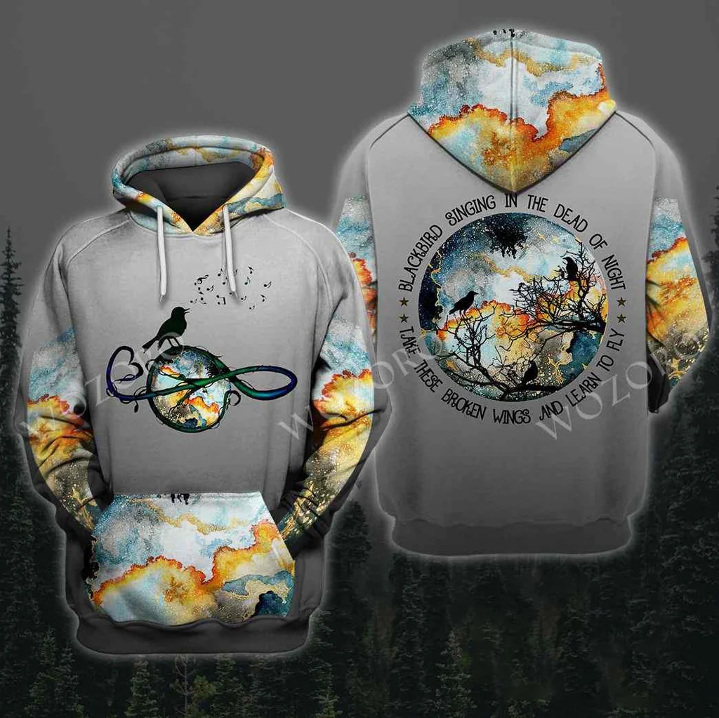 Blackbird Freedom 3d Hoodie With Inspirational Quote And Artistic Design