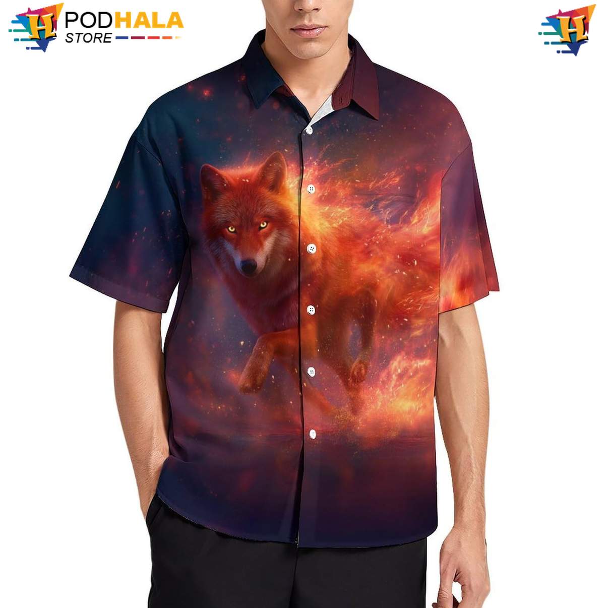 Blaze Run Wolf Hawaiian Shirt Mens Cool Print Casual Graphic Resort Wear