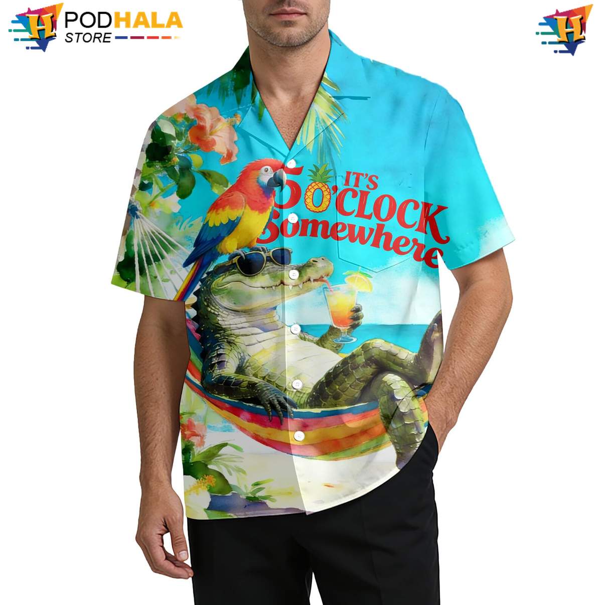 Blue Alligator Parrot Hawaiian Shirt Mens Funny Summer Beach Party Gear