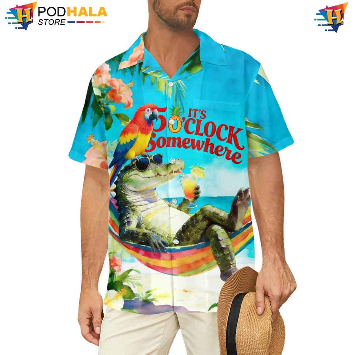 Blue Alligator Parrot Aloha Shirt Mens Funny Summer Beach Party Gear Blue Alligator Parrot Aloha Shirt Mens Funny Summer Beach Party Gear