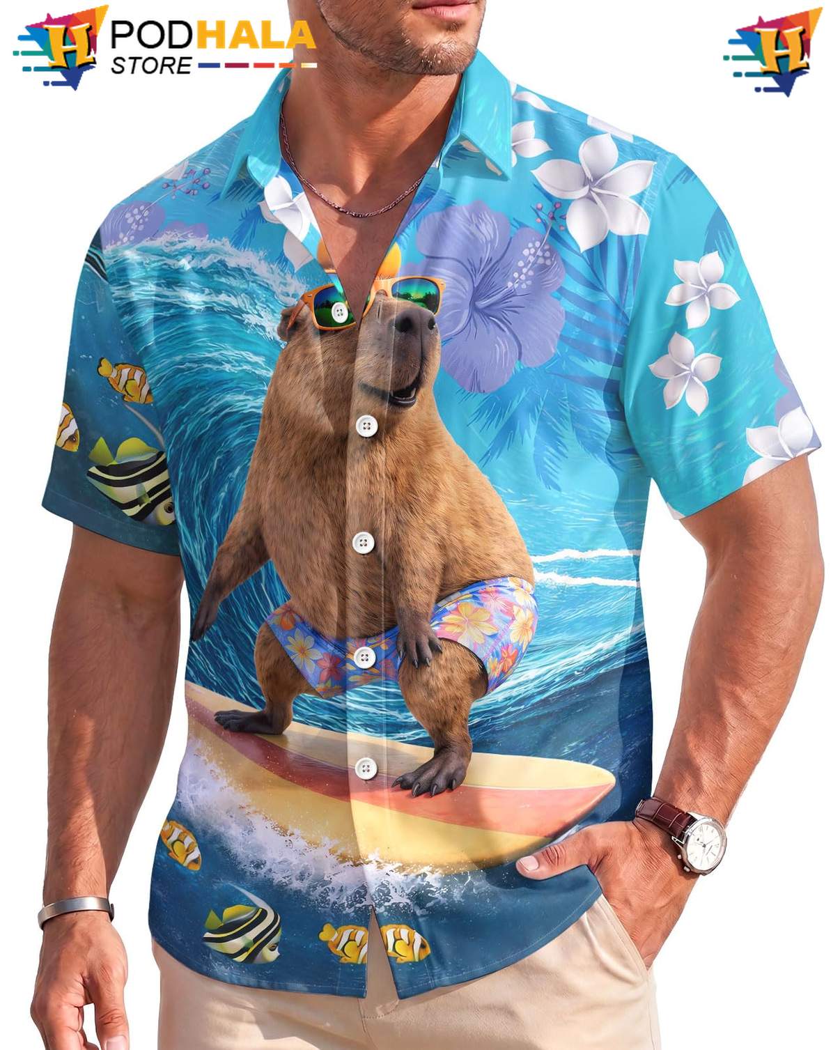 Blue Brown Capybara Hawaiian Shirt Mens Stretch Lightweight Beachwear Outfit