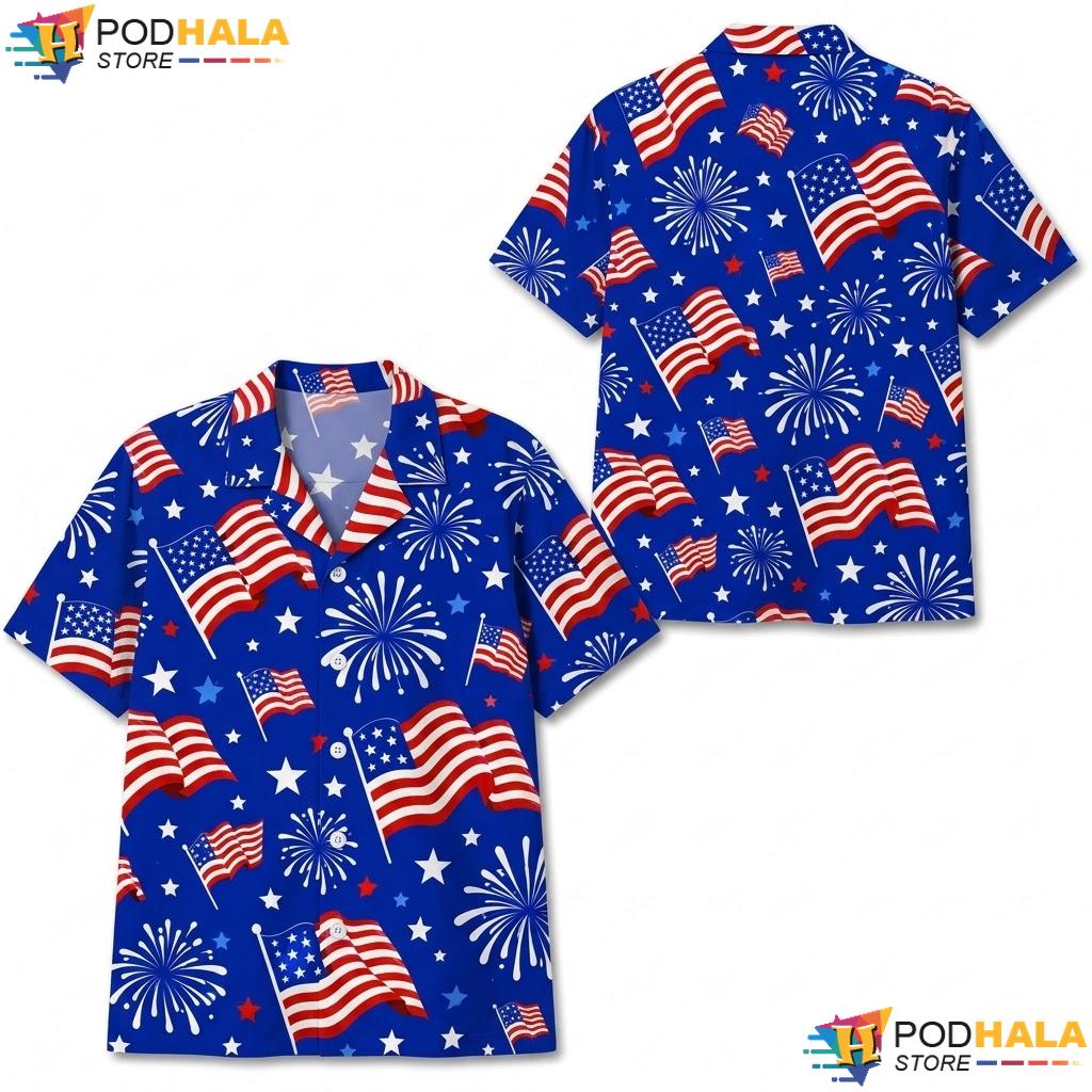 Blue Firework Flag Hawaiian Shirt Patriotic Summer Casual Button Down