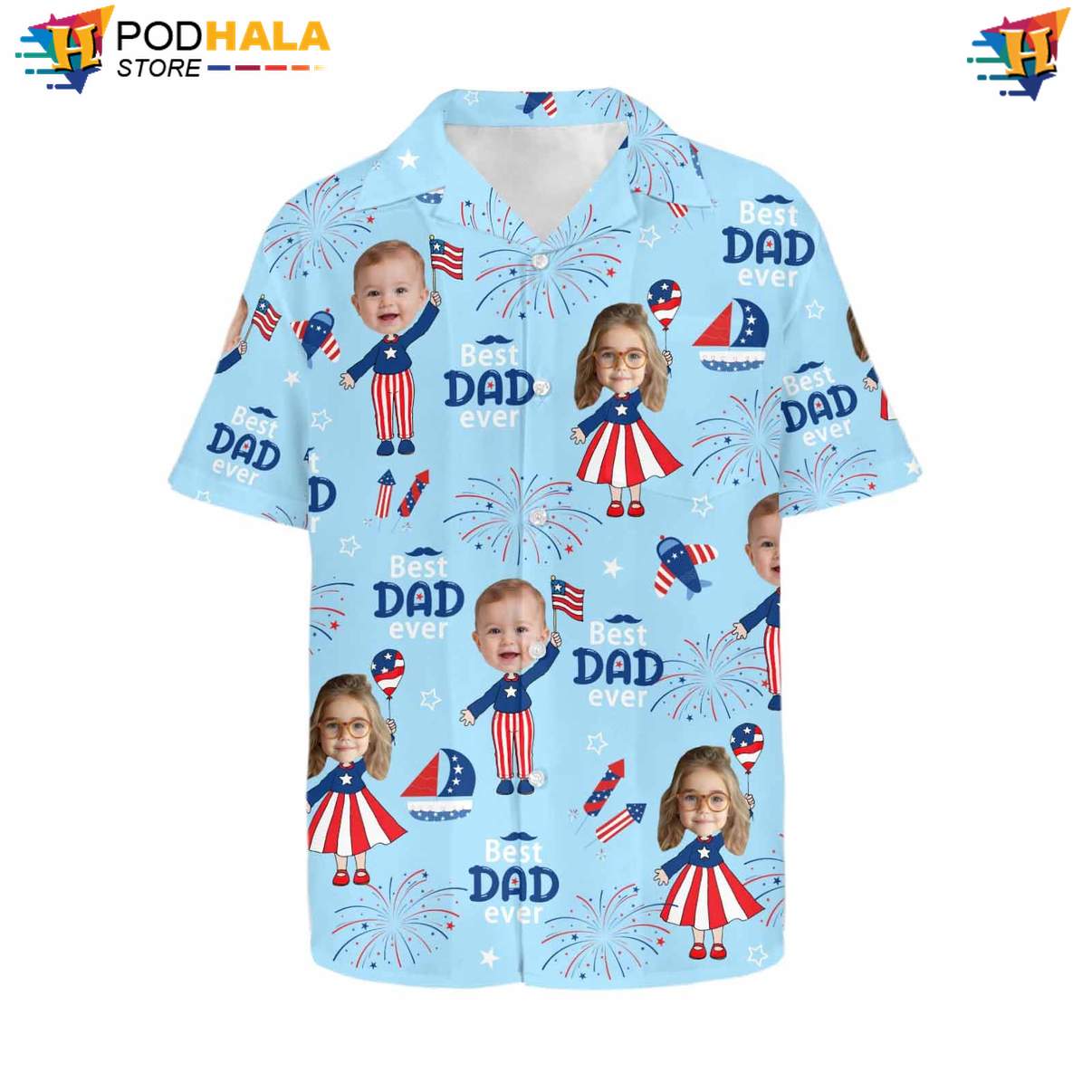 Blue Fireworks Custom Aloha Shirt Personalized Photo Faces Fourth Of July
