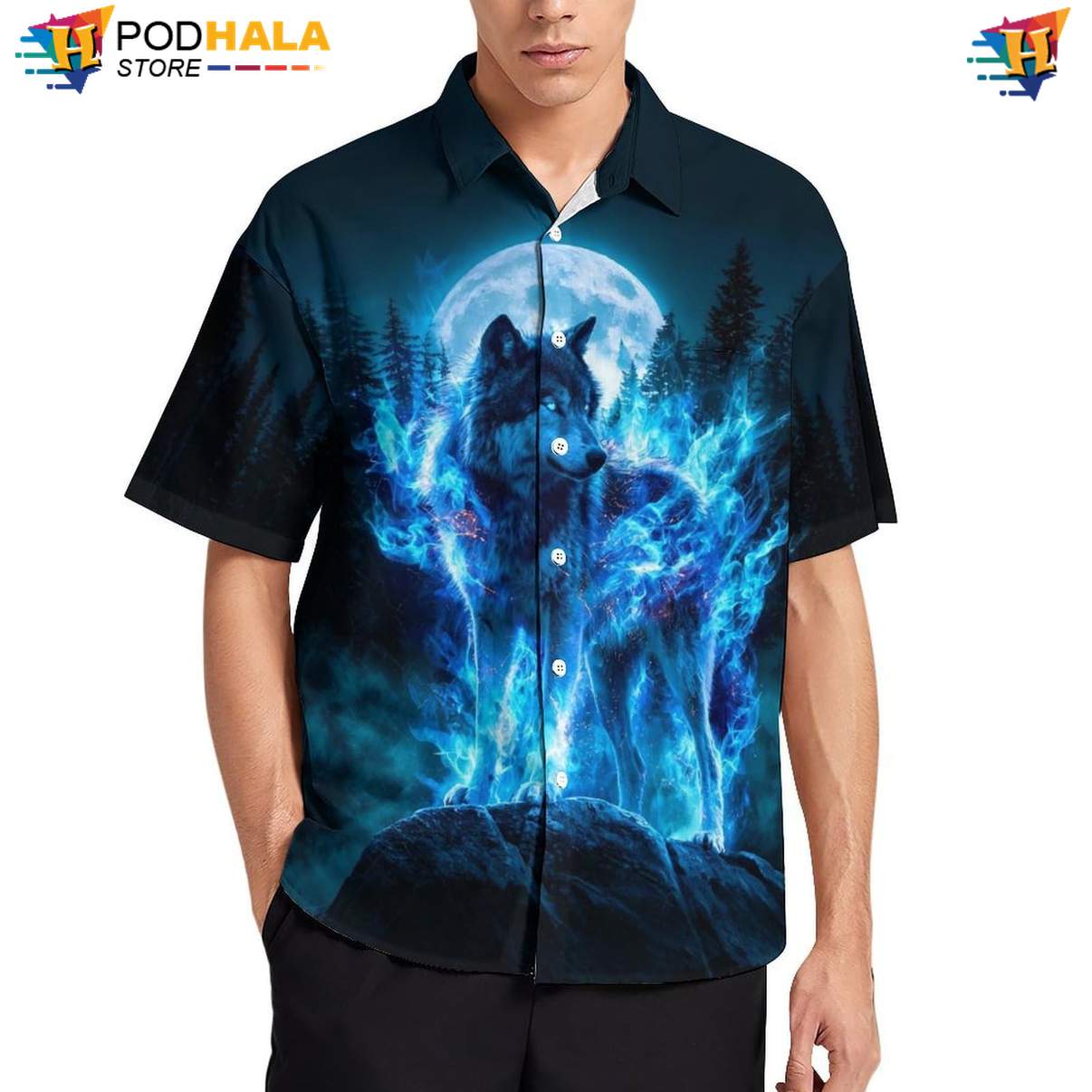 Blue Flame Wolf Hawaiian Shirt Mens Moon Cool Galaxy Print Island Vibe Top