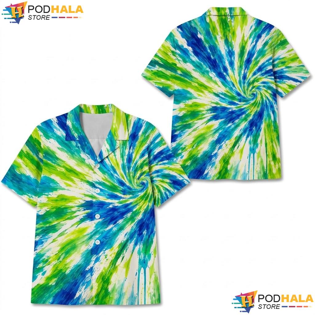 Blue Green Abstract Tie Dye Hawaiian Shirt Vintage Boys Summer Fun