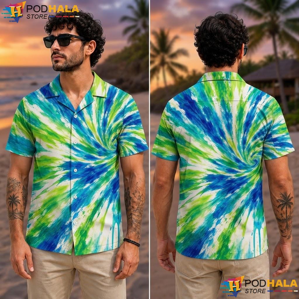 Blue Green Abstract Tie Dye Aloha Shirt Vintage Boys Summer Fun Blue Green Abstract Tie Dye Aloha Shirt Vintage Boys Summer Fun