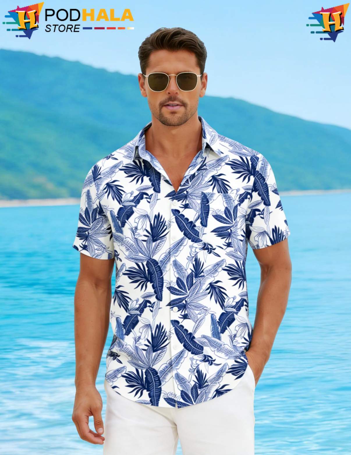 Blue Leaf Two Hawaiian Shirt White Mens Short Sleeve Casual Beach Outfits
