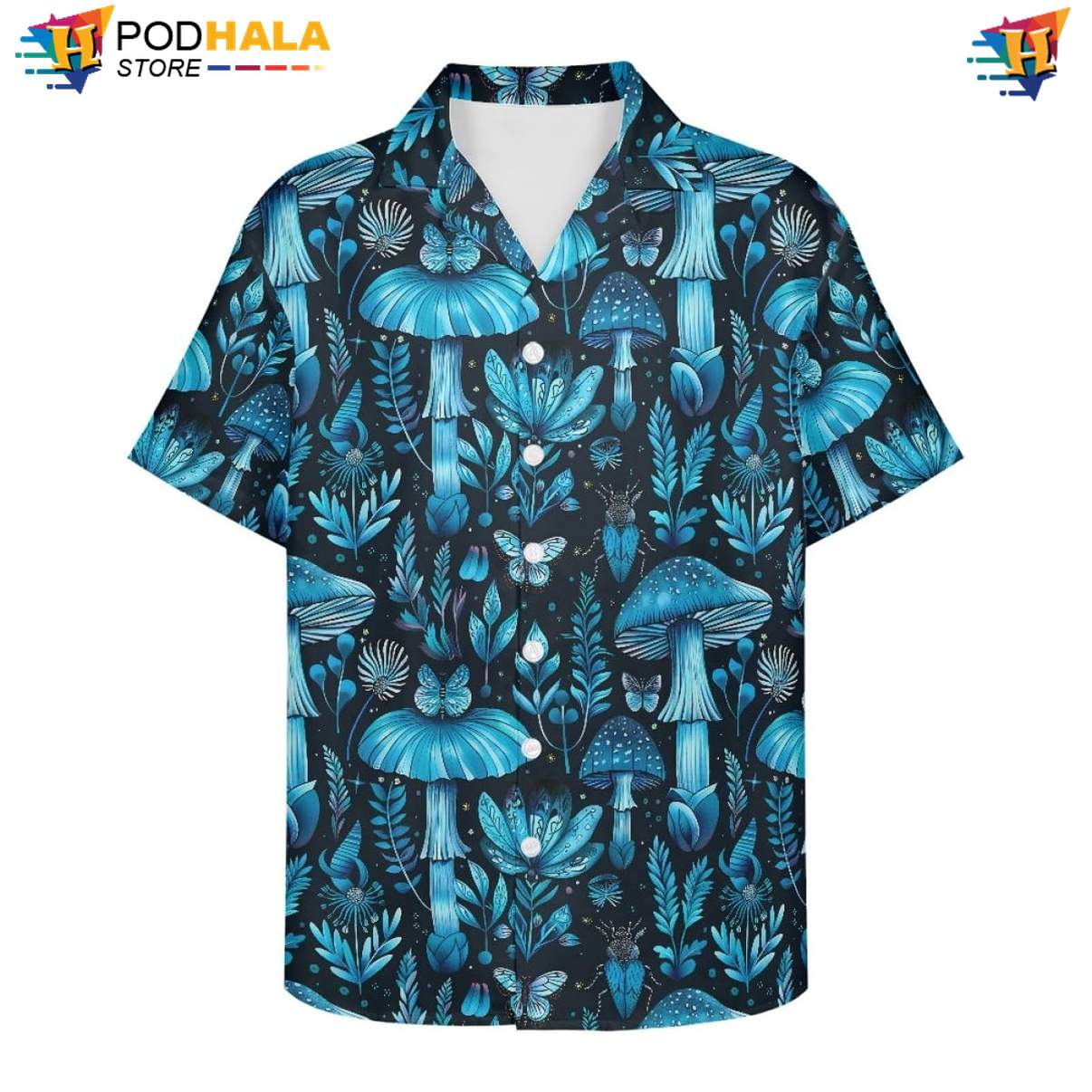 Blue Mushroom Hawaiian Shirt Mens Sun Galaxy Moon Print Casual Vacation Top