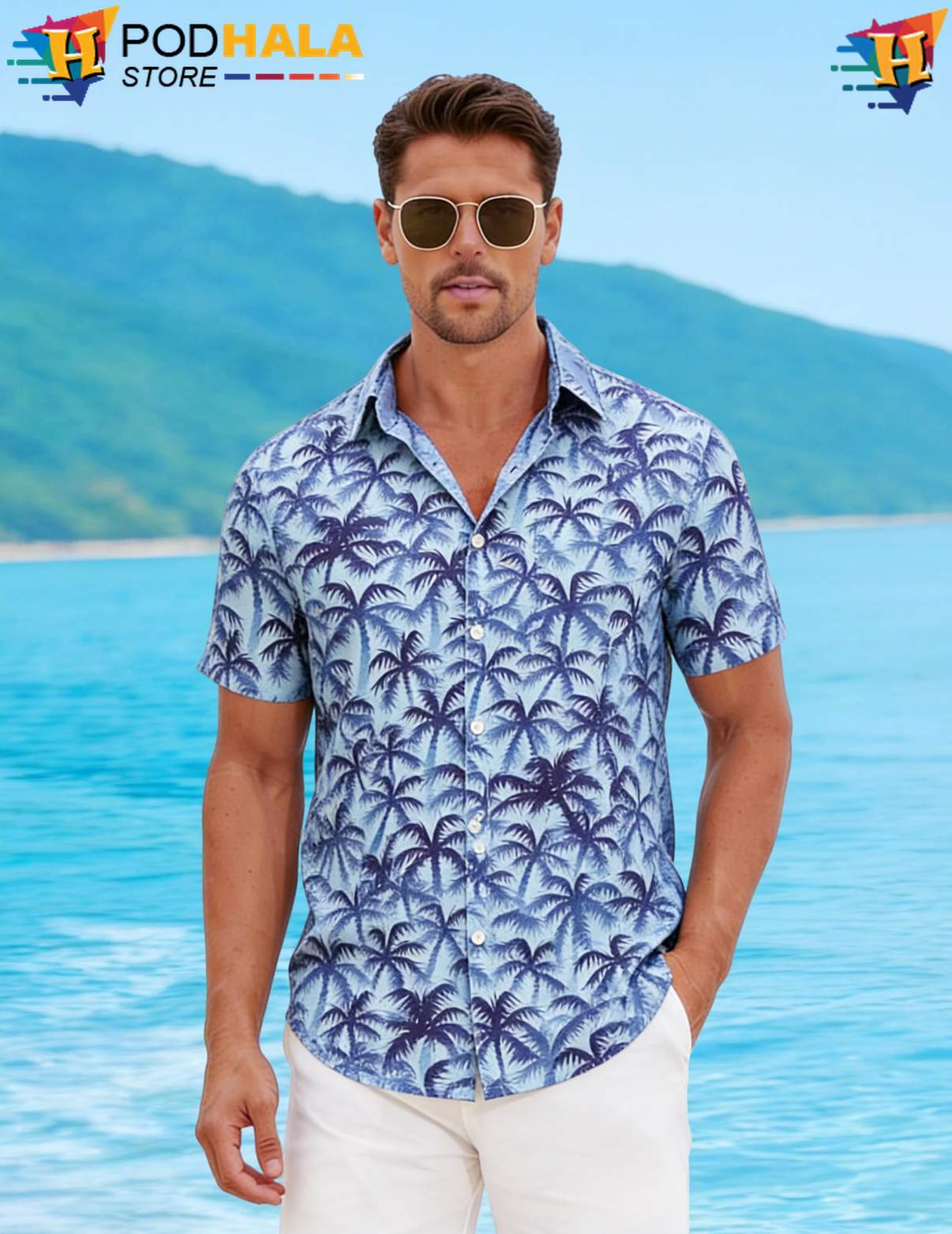Blue Palm Aloha Shirt Tree Mens Short Sleeve Casual Summer Beach Outfits