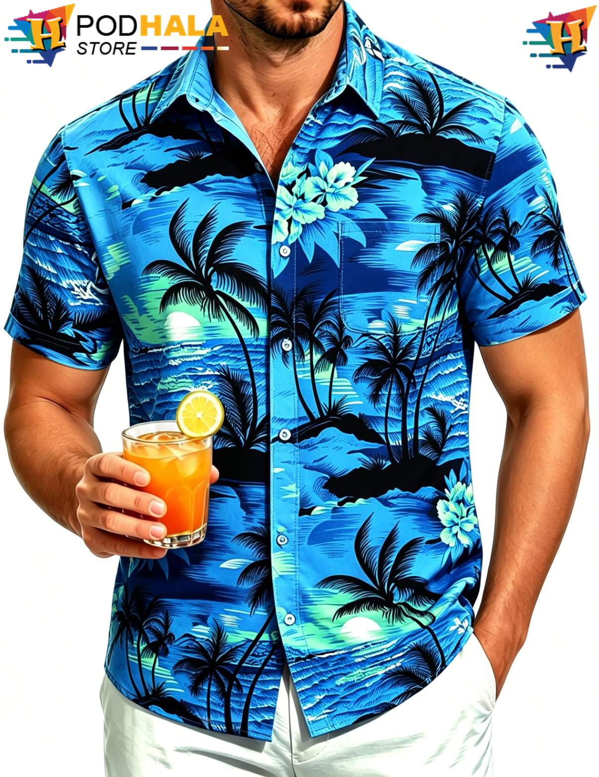 Blue Palm Hawaiian Shirt Tree Mens Short Sleeve Casual Summer Beach Outfit