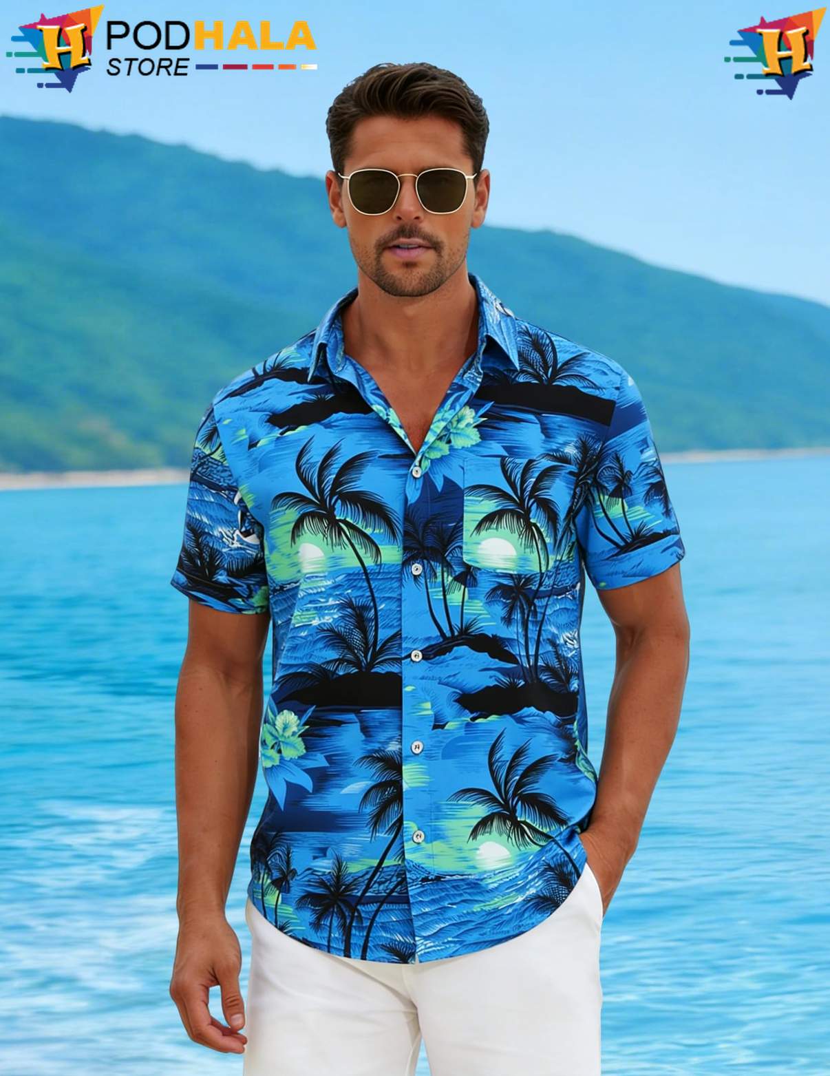 Blue Palm Aloha Shirt Tree Mens Short Sleeve Casual Summer Beach Outfit Blue Palm Aloha Shirt Tree Mens Short Sleeve Casual Summer Beach Outfit