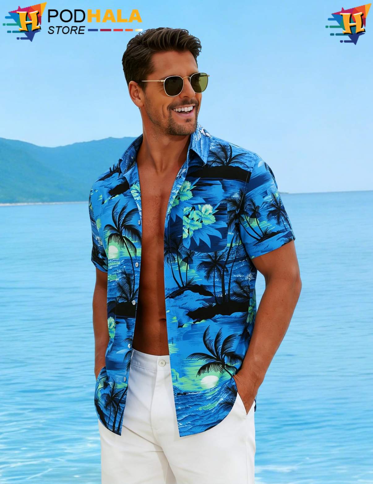 Blue Palm Tropical Shirt Tree Mens Short Sleeve Casual Summer Beach Outfit Blue Palm Tropical Shirt Tree Mens Short Sleeve Casual Summer Beach Outfit