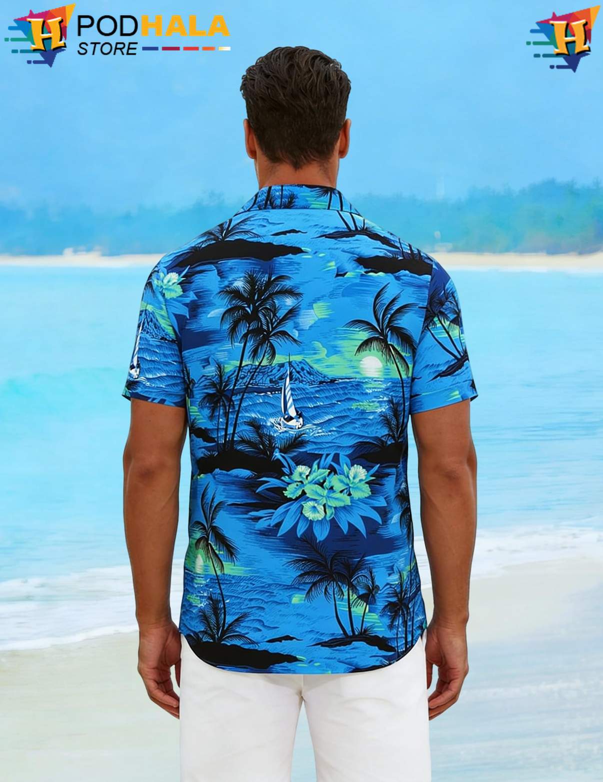 Blue Palm Short-sleeve button-up shirt Tree Mens Short Sleeve Casual Summer Beach Outfit Blue Palm Short-sleeve button-up shirt Tree Mens Short Sleeve Casual Summer Beach Outfit