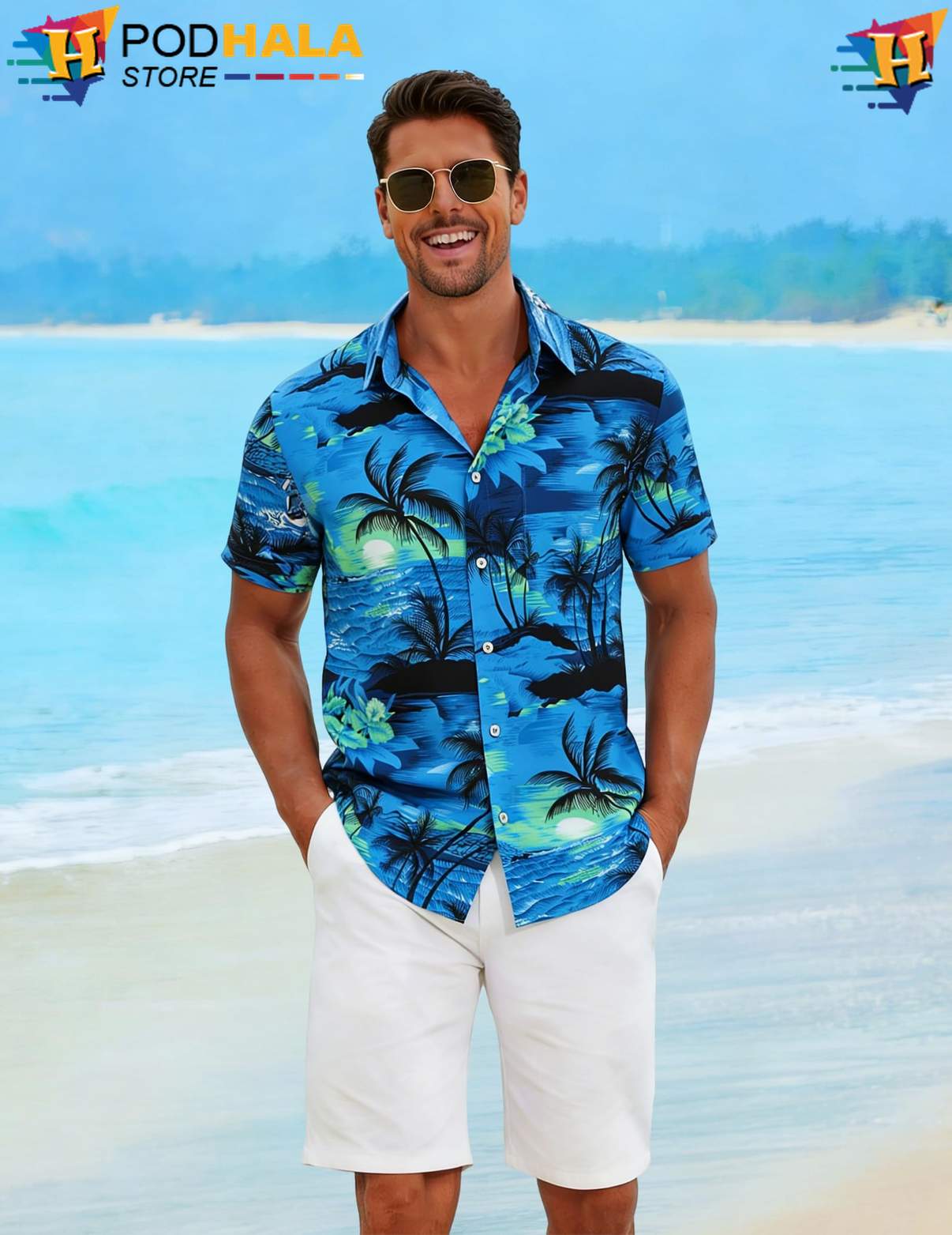 Blue Palm Aloha Shirt Tree Mens Short Sleeve Casual Summer Beach Outfit Blue Palm Aloha Shirt Tree Mens Short Sleeve Casual Summer Beach Outfit