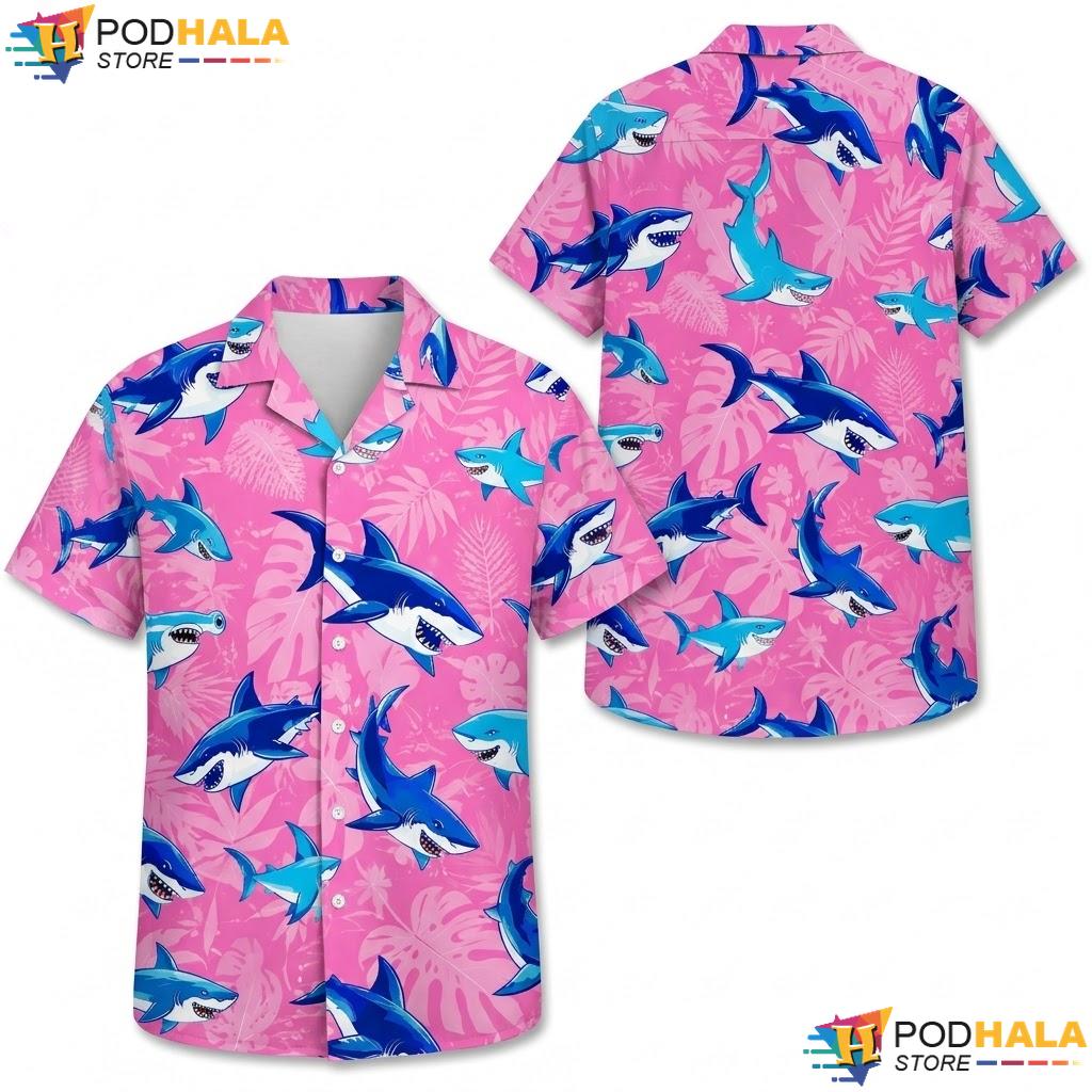 Blue Pink Shark Adventure Hawaiian Shirt Playful Boys Graphic Apparel